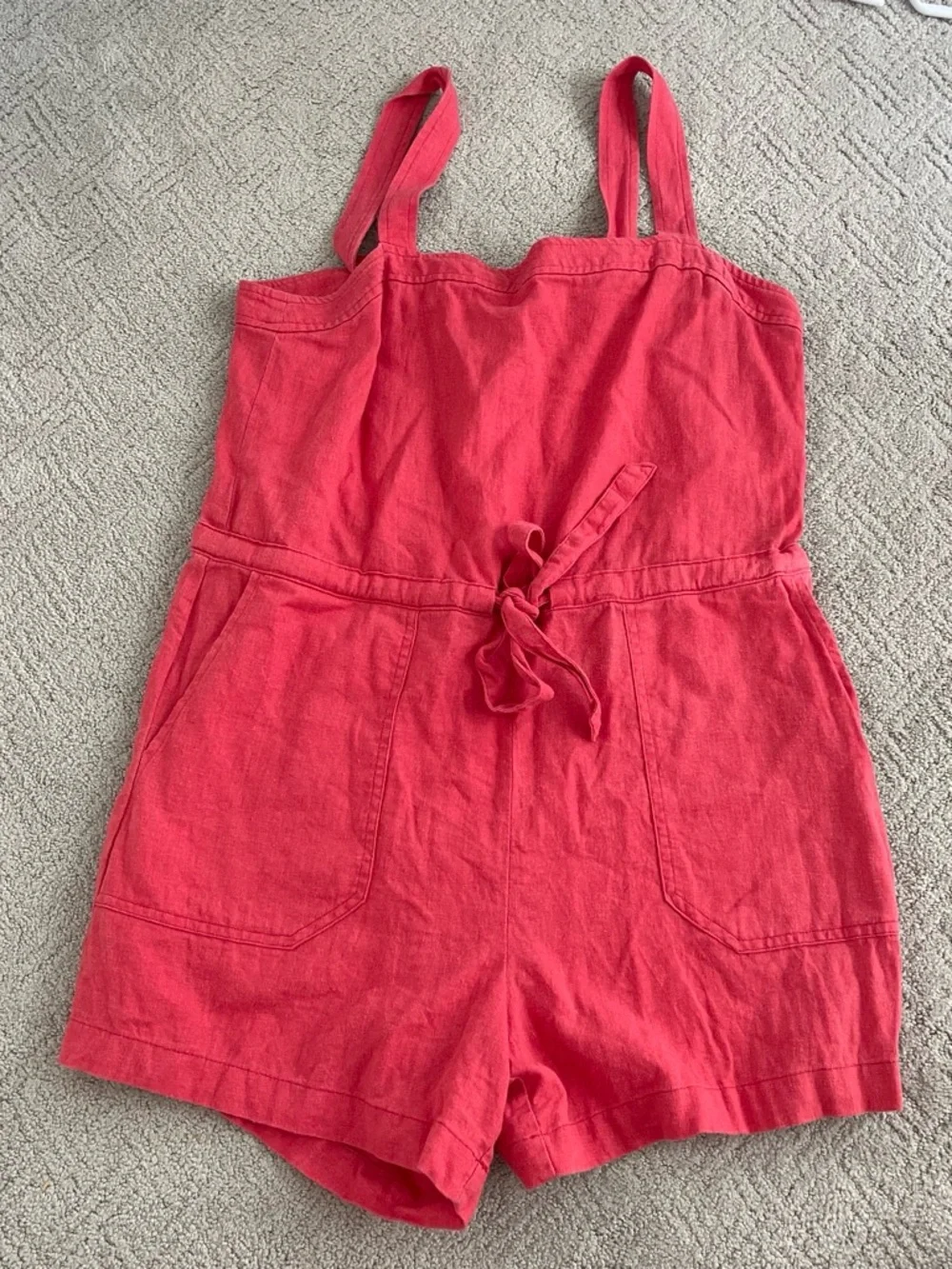 Girls Red Linen-Blend Romper Shorts